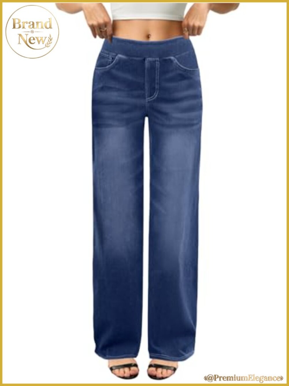 High Waisted Wide Leg Stretchy Pull On Jeans with Pockets for Women Lightweight